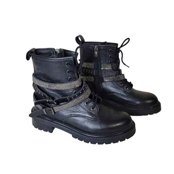 Steve Madden Captain Biker Combat Boots with Leather Straps/ Bling Size 5.5 - Picture 2 of 10